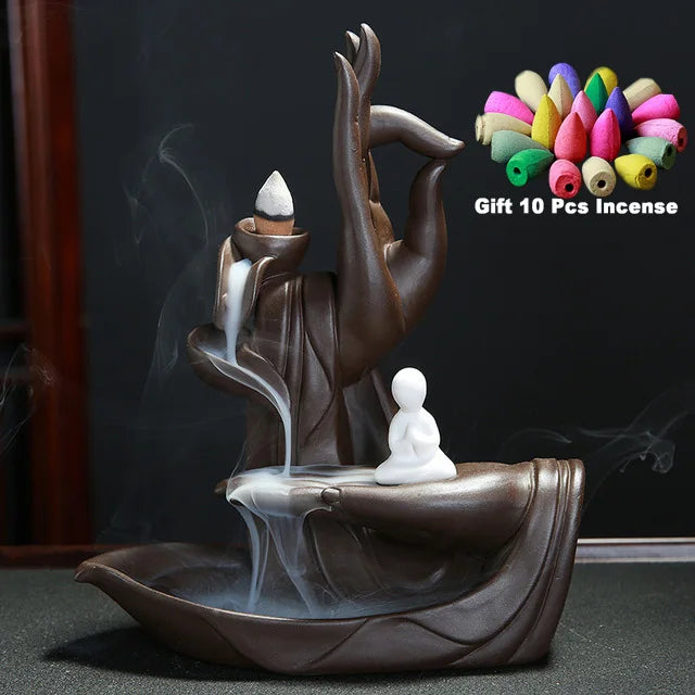 Gift 10Cones White Ceramic Incense Censer Buddha Hand Backflow Incense Burner Lotus Incense Stick Holder Monk J29