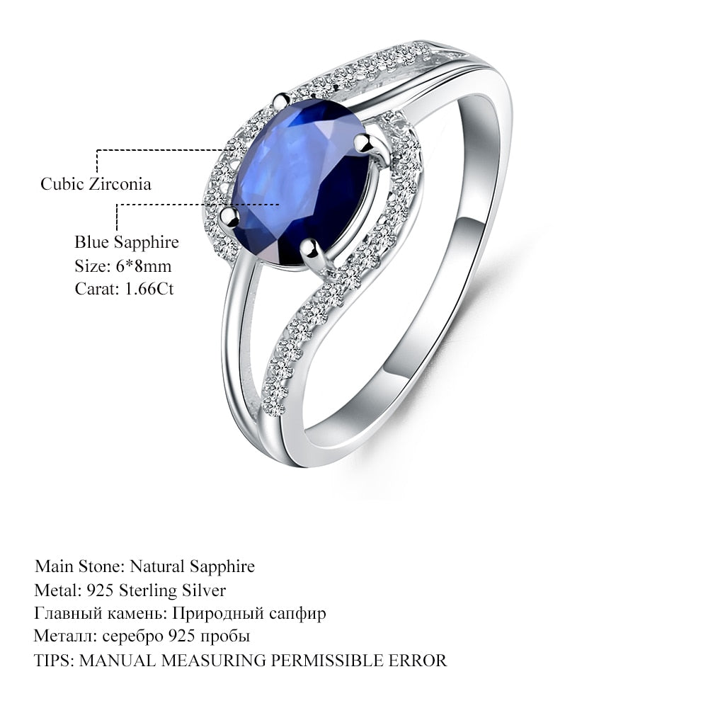 GEM&#39;S BALLET 100% 925 Sterling Silver Classic Fine Rings 1.66Ct Oval Natural Blue Sapphire Gemstone Ring for Women Jewelry