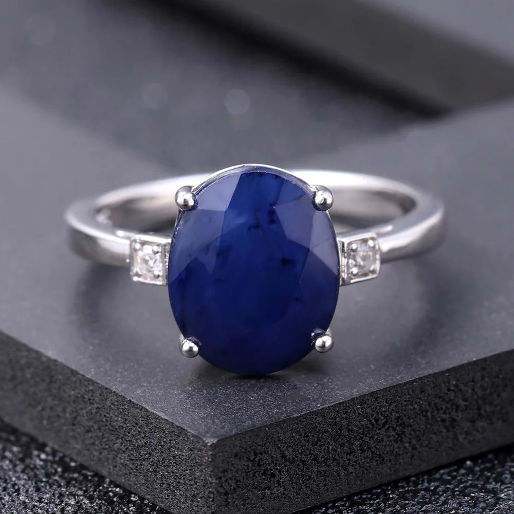 GEM'S BALLET 4.78Ct Oval Natural Blue Sapphire Gemstone Ring 925 Sterling Silver Simple Wedding Rings For Women Fine Jewelry
