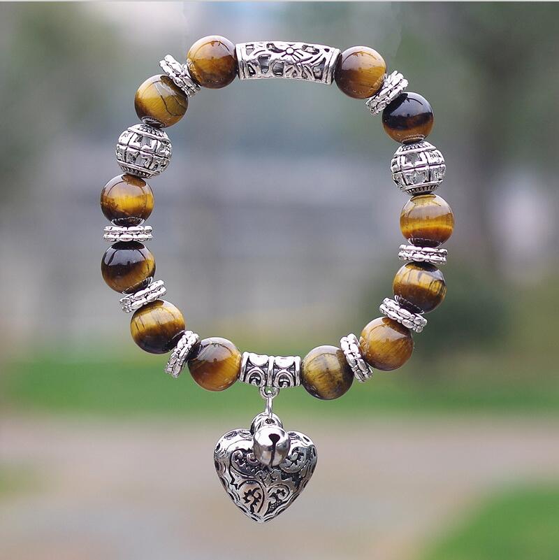 10mm Opal Obsidian Tiger Eye Natural Stone Bracelet with Heart Pendant Charms Strand Bracelet DIY Beaded Bracelet for Women Men yellow tiger eye