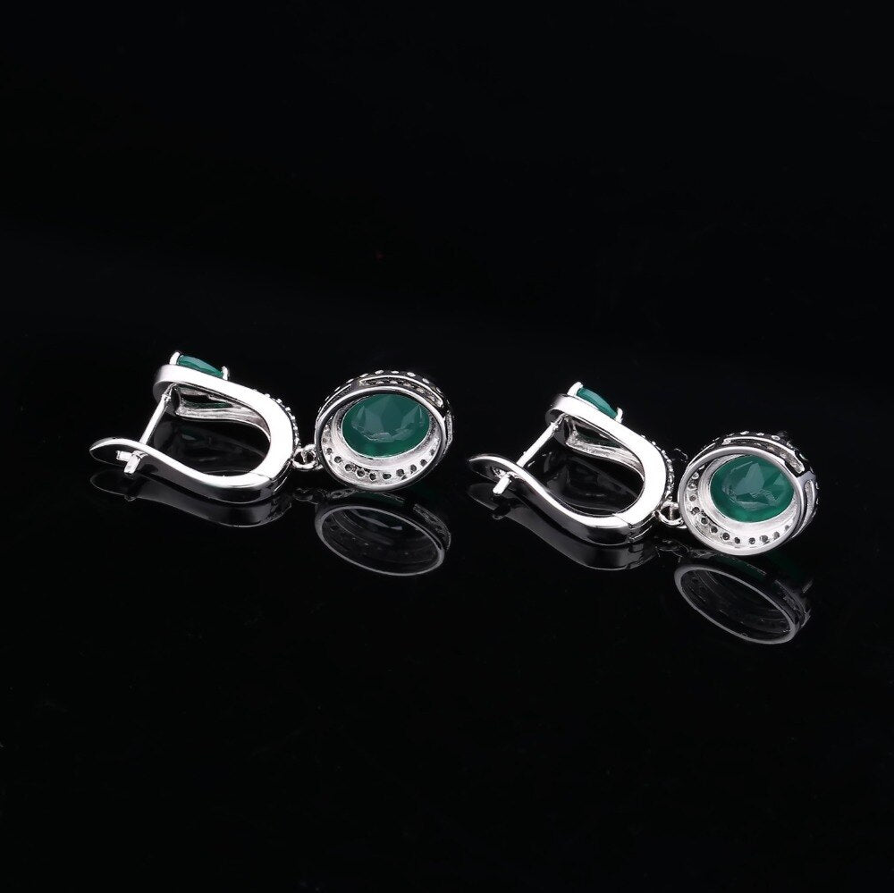 GEM&#39;S BALLET 925 Sterling Silver Vintage Earrings Ring Set Natural Oval Green Agate Jewelry Sets For Women Anniversary Jewelry
