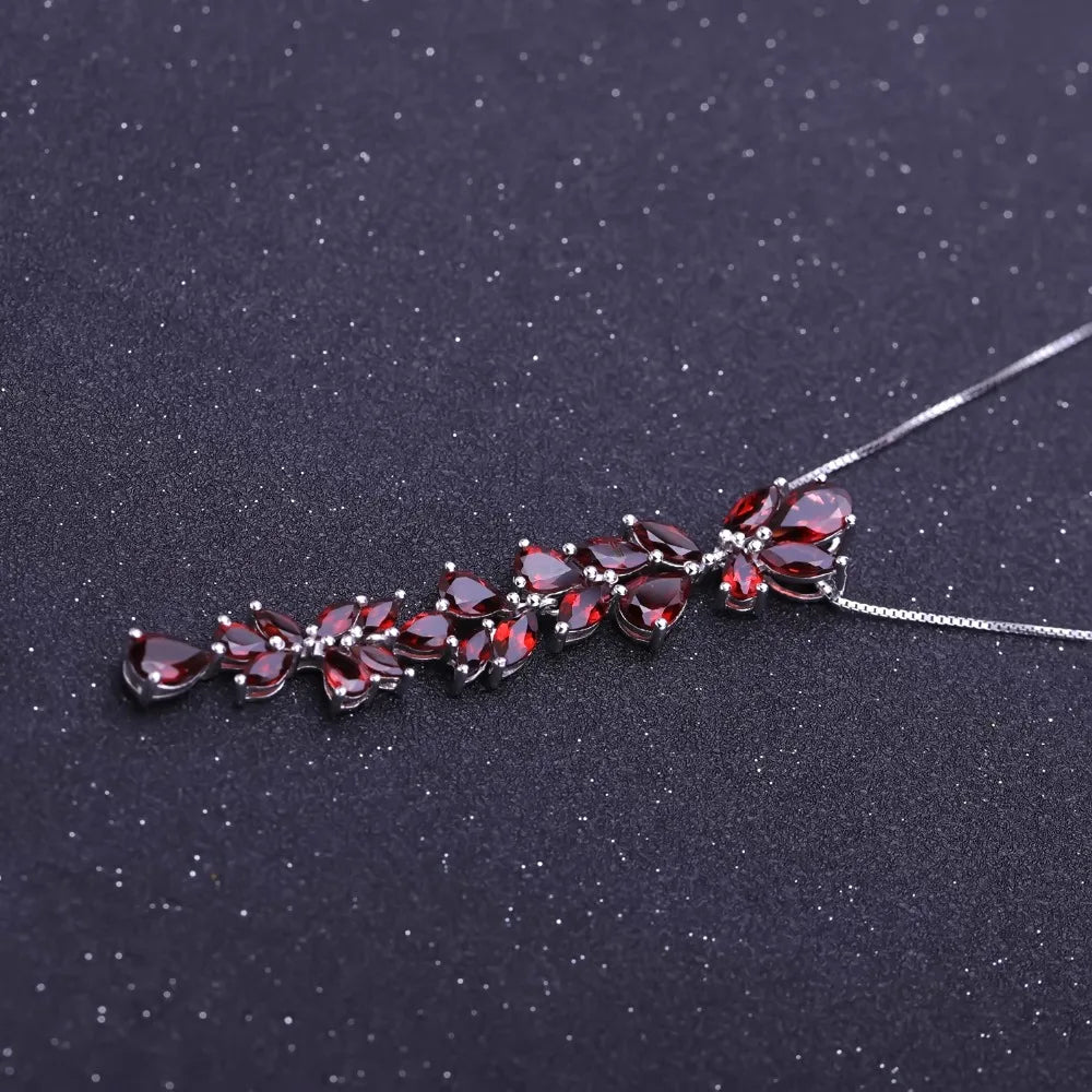 GEM'S BALLET Real 925 Sterling Sliver Romantic Leaves Pendant Necklace 14.65Ct Natural Red Garnet For Women Wedding Fine Jewelry