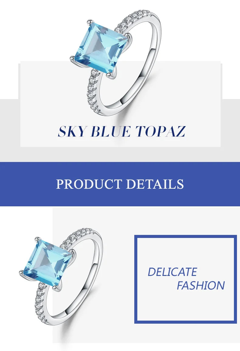 Gem's Ballet 1.49Ct Square Natural Sky Blue Topaz Gemstone Ring 925 Sterling Silver Solitaire Engagement Classic Rings For Women