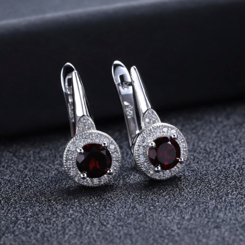 GEM&#39;S BALLET 2.10Ct Natural Red Garnet Gemstone Earrings 925 Sterling Silver Halo Illusion Stud Earrings for Women Fine Jewelry