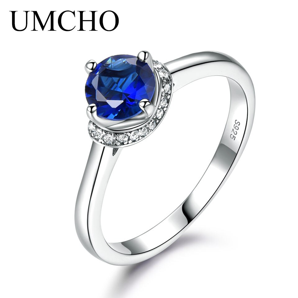 UMCHO Blue Sapphire Gemstone Rings for Women Genuine 925 Sterling Silver Halo Promise Ring Engagement Wedding Party Jewelry Gift Sapphire