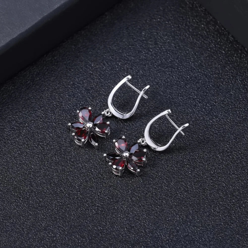 Gem's Ballet Solid 925 Sterling Silver Fine Jewelry Flower Design Garnet Stone Gorgeous Drop Earrings For Women