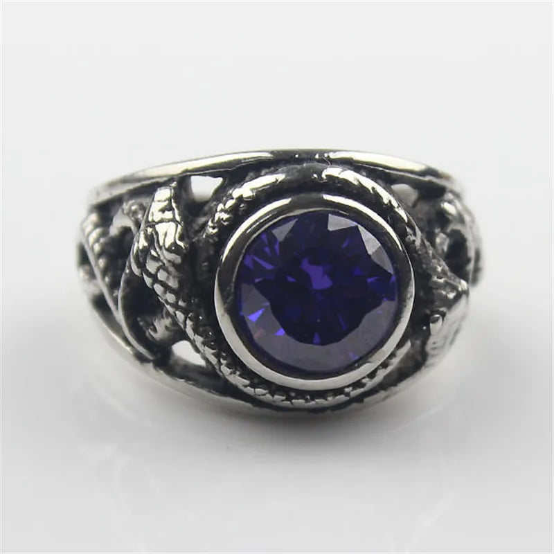 Purple Cz Crystal Gem Snake Fashion Men's 316L Stainless Steel Biker Ring Men's Jewelry