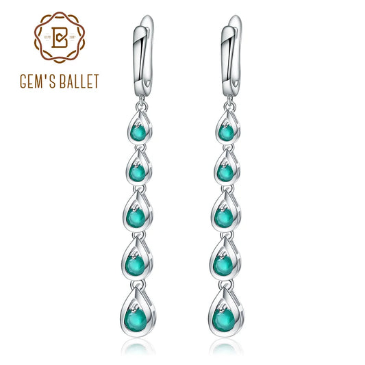 GEM'S BALLET Solid 925 Sterling Silver Drop Earrings 3.07Ct Natural Green Agate Gemstone Long Earrings Fine Jewelry For Women Default Title