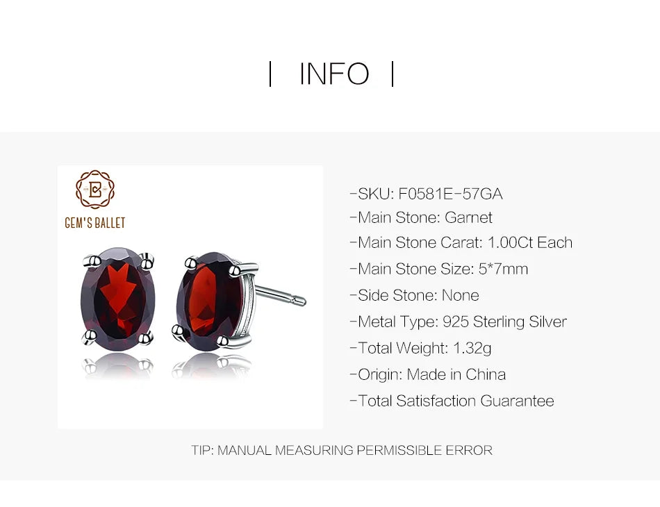 Gem's Ballet 5*7mm 2.00Ct Oval Natural Red Garnet Gemstone Stud Earrings 585 14K 10K 18K Gold 925 Silver Jewelry for Women