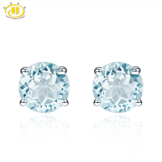 HUTANG Stone Jewelry 1.4ct Natural Aquamarine Round 6mm Stud Earrings Solid 925 Sterling Silver Gemstone Fine Jewelry Women Gift Default Title