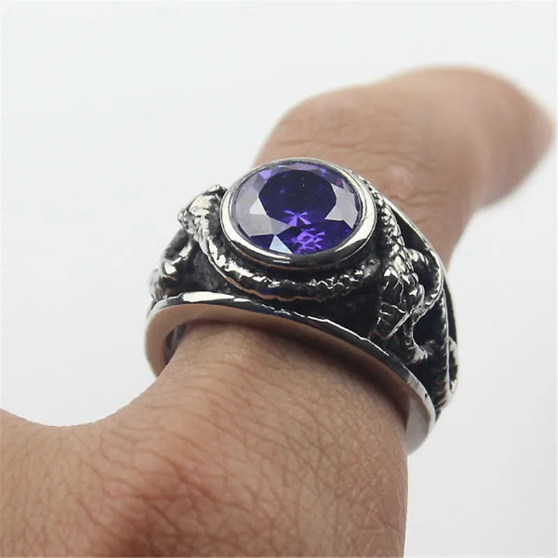 Purple Cz Crystal Gem Snake Fashion Men's 316L Stainless Steel Biker Ring Men's Jewelry