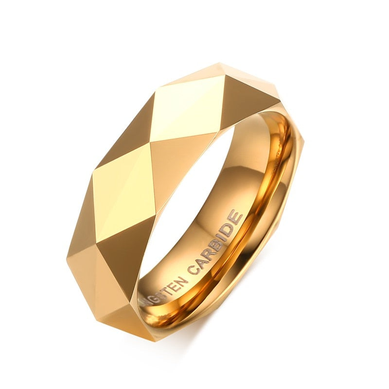 Faceted Wedding Band For Men,Mens Tungsten Carbide Rings, Polished Beveled Edge Comfort Fit Gold