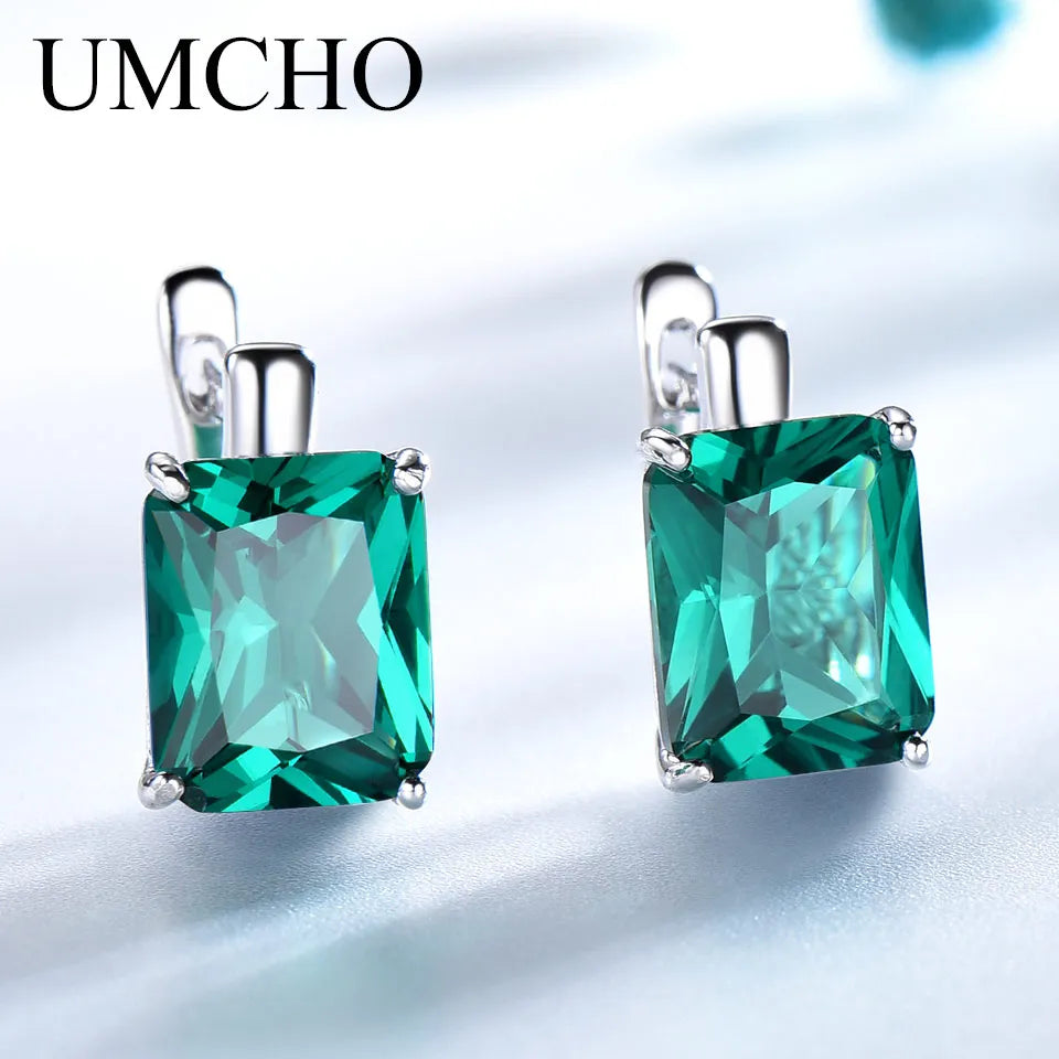 UMCHO Luxury Emerald Gemstone Clip Earrings for Women Genuine 925 Sterling Silver Jewelry Green Gemstone Fashion Wedding Gift