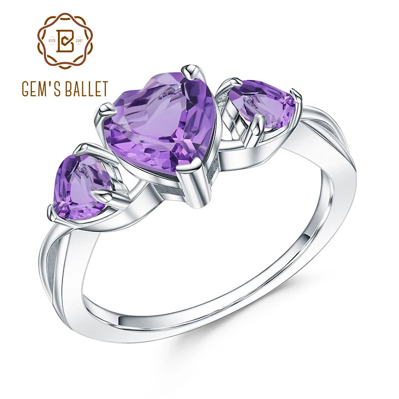 GEM'S BALLET 925 Sterling Silver February Birthstone Ring 1.71Ct Natural Amethyst Heart Rings For Women Valentine's Day Jewelry CHINA