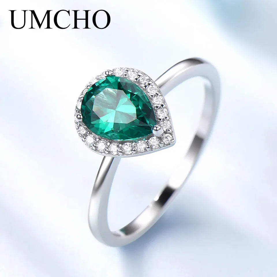 UMCHO Green Emerald Gemstone Rings for Women Halo Engagement Wedding Promise Ring 925 Sterling Silver Party Romantic Jewelry