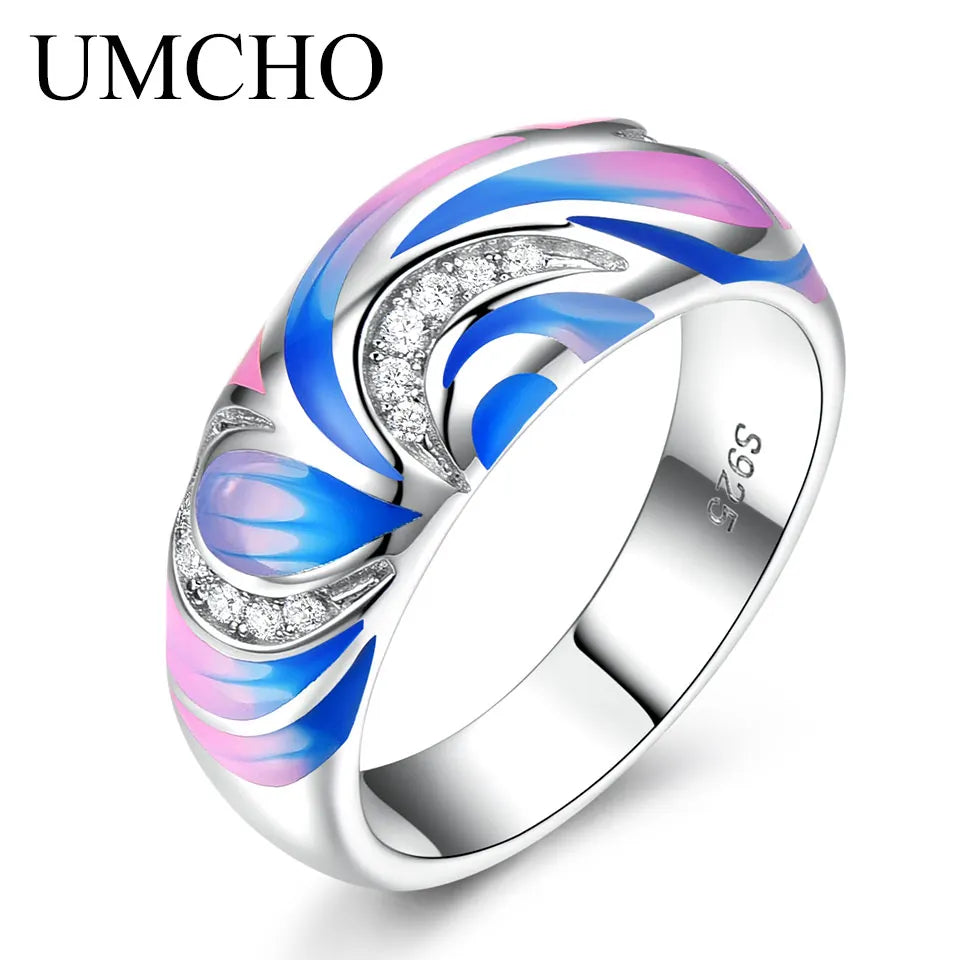 UMCHO 925 Sterling Silver Rings for Women Flower Party Fashion Jewelry Colorful Enamel Handmade Party Wedding Ring Fine Jewelry colorful