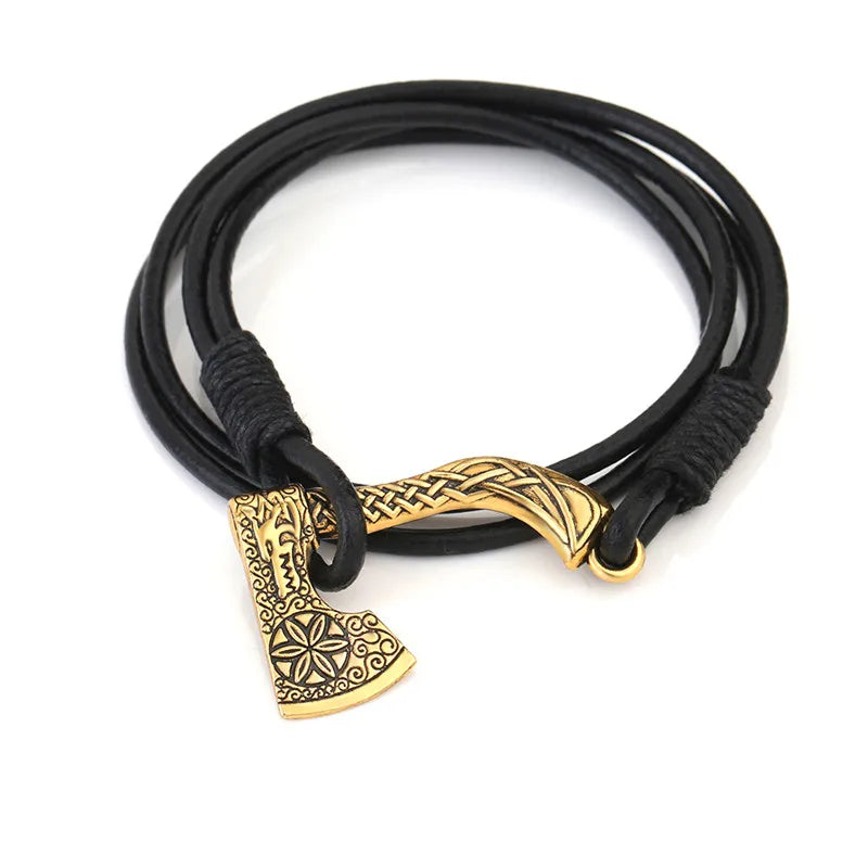 Teamer Mens Bracelet Axe Wrap Viking Bracelet for Men Leather Accessories Silver Color Hatchet Handmade Pirate Bracelet For Male gold axe