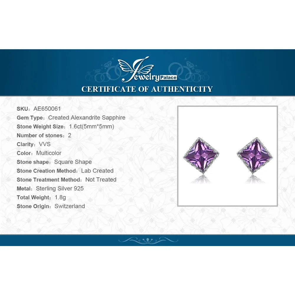 JewelryPalace Square Purple Created Alexandrite Sapphires 925 Sterling Silver Stud Earrings for Women Fashion Gemstone Jewelry