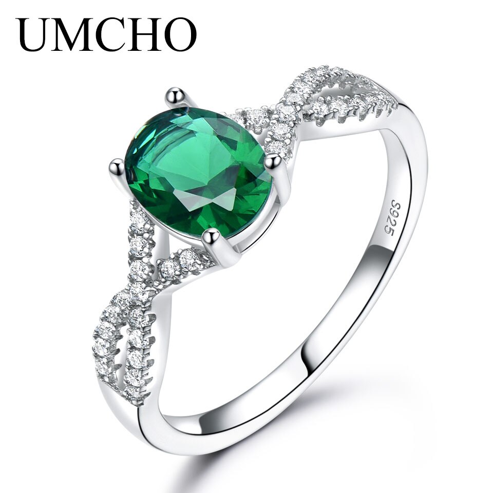 UMCHO Classic 925 Sterling Silver Oval Gemstone Nano Emerald Ring Female Engagement Party Birthday Gift Anniversary Ring RUJ099E-1