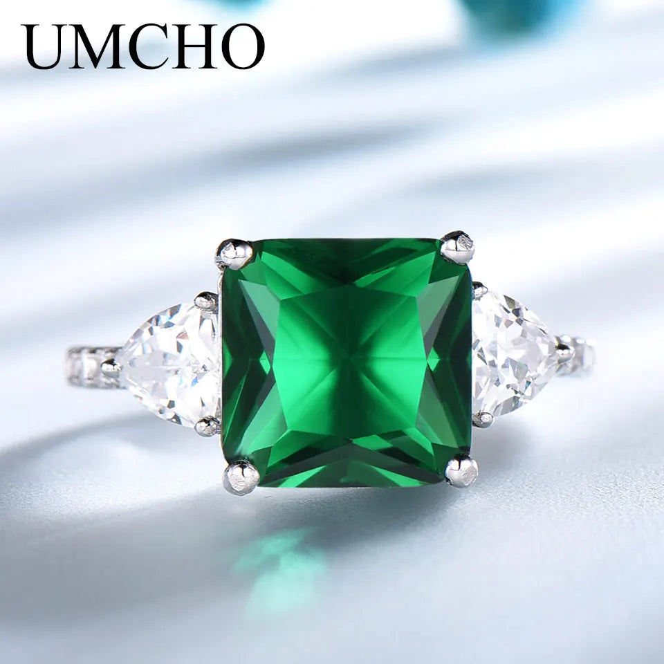 UMCHO Emerald Gemstone Rings for Women Solid 925 Sterling Silver Promise Ring Square Green Wedding Engagement Luxury Jewelry New