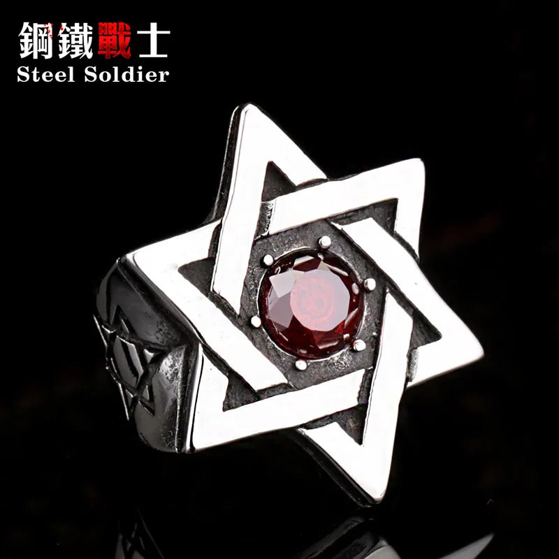 star of david stainless steel Ring Super High Quality Fashion hot sale stone men jewelry red stone