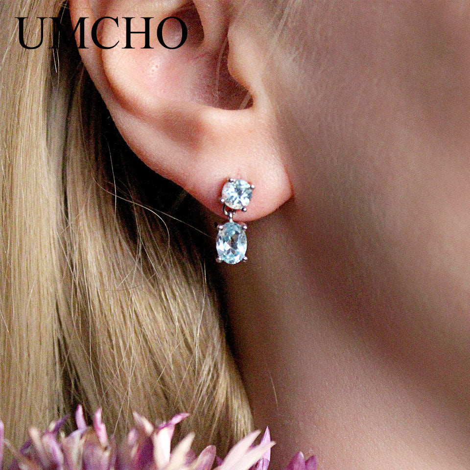 UMCHO 925 Sterling Silver Earrings Double Created Nano Sky Blue Topaz Gemstone Earrings Engagement Gift For Women Fine Jewelry