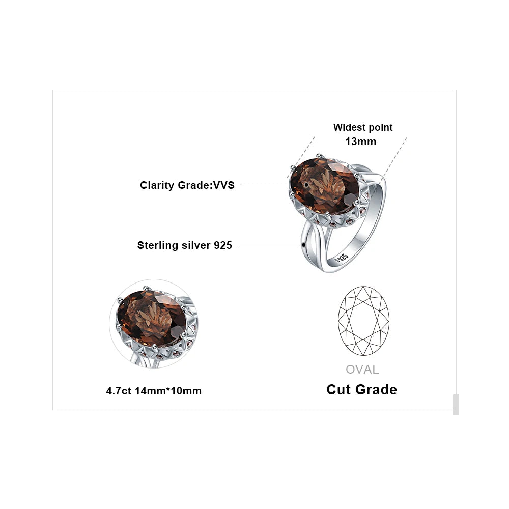 JewelryPalace Large 5.7ct Genuine Oval Smoky Quartz 925 Sterling Silver Big Gemstone Cocktail Statement Rings for Women Jewelry