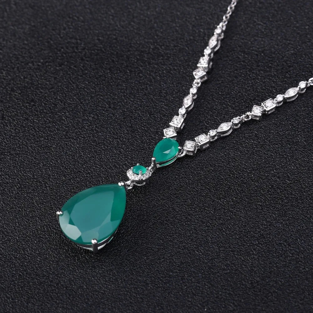 GEM'S BALLET 925 Sterling Silver Vintage Jewelry Natural Green Agate Gemstone Pendant Necklace for Women Wedding Fine Jewelry