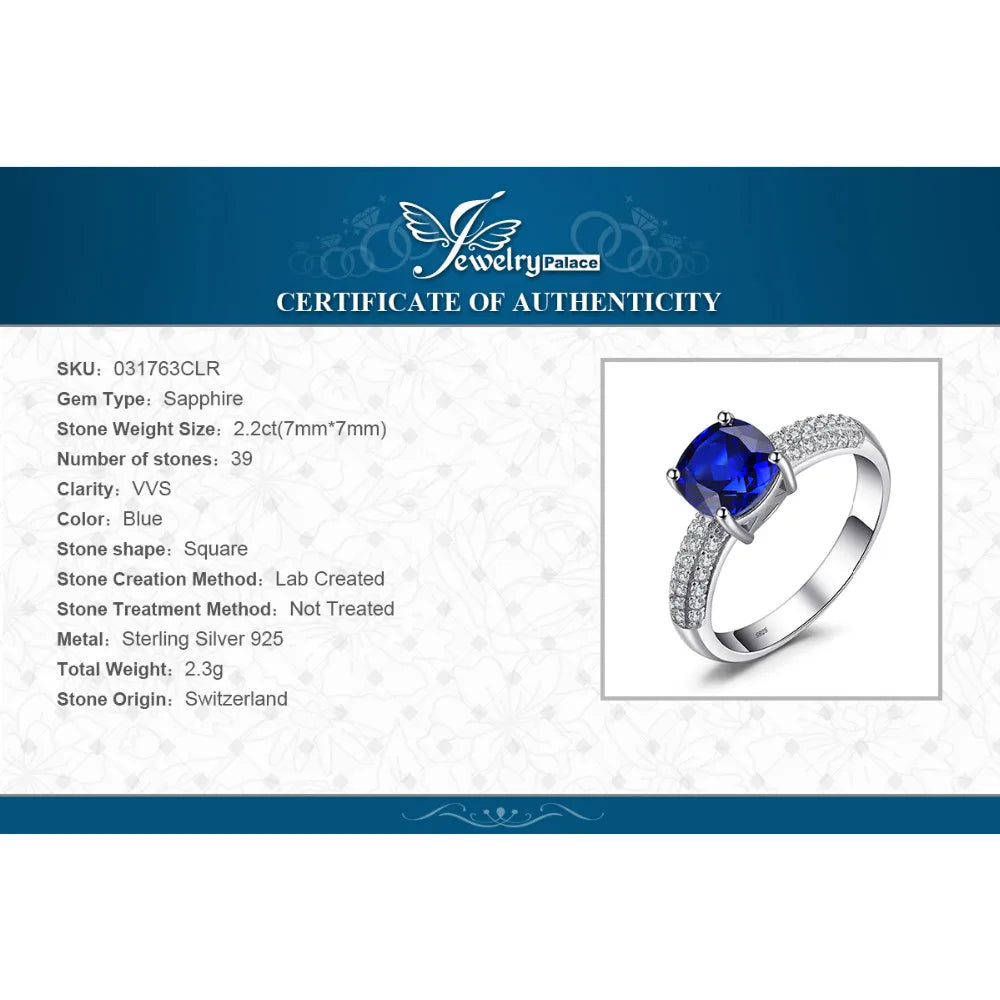 JewelryPalace Cushion 2.2ct Created Blue Sapphire 925 Sterling Silver Ring for Women Fashion Statement Gemstone Engagement Ring