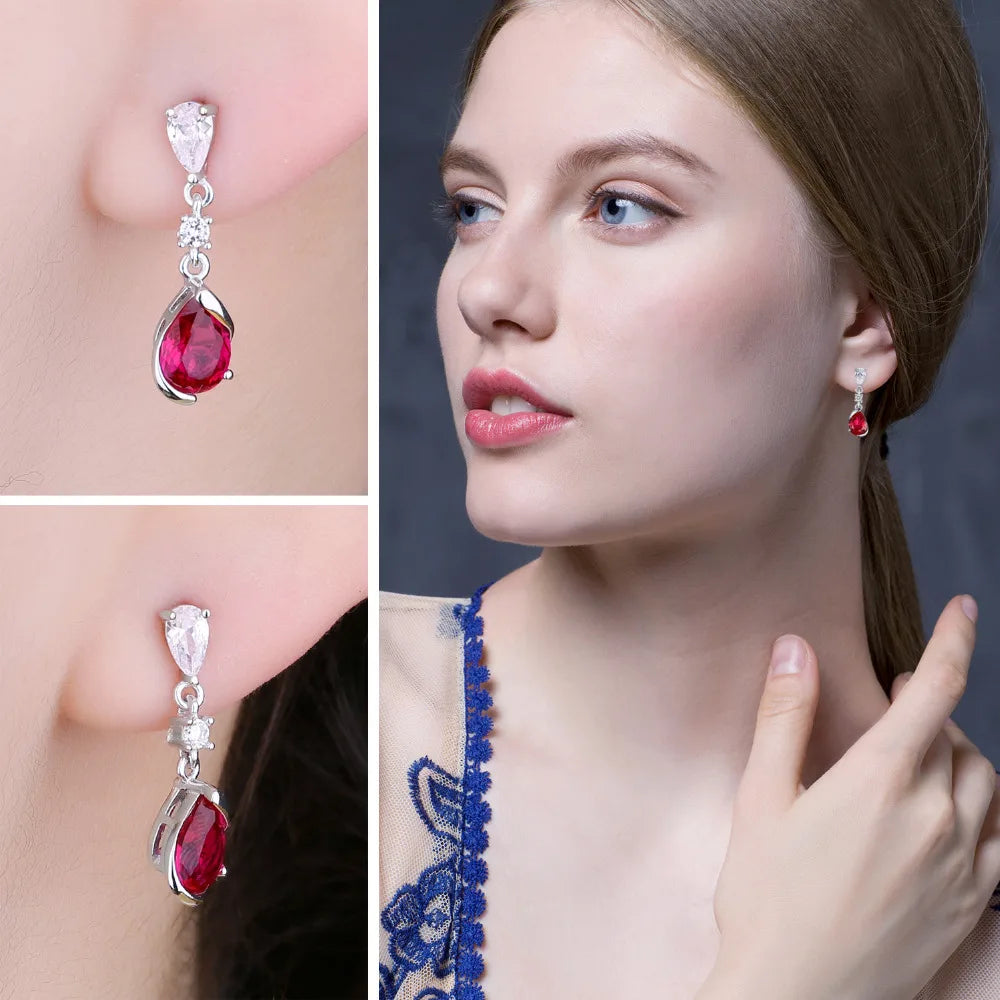 JewelryPalace 1.9ct Pear Created Red Ruby 925 Sterling Silver Drop Earrings for Woman Fashion Gemstone Jewelry Anniversary Gift