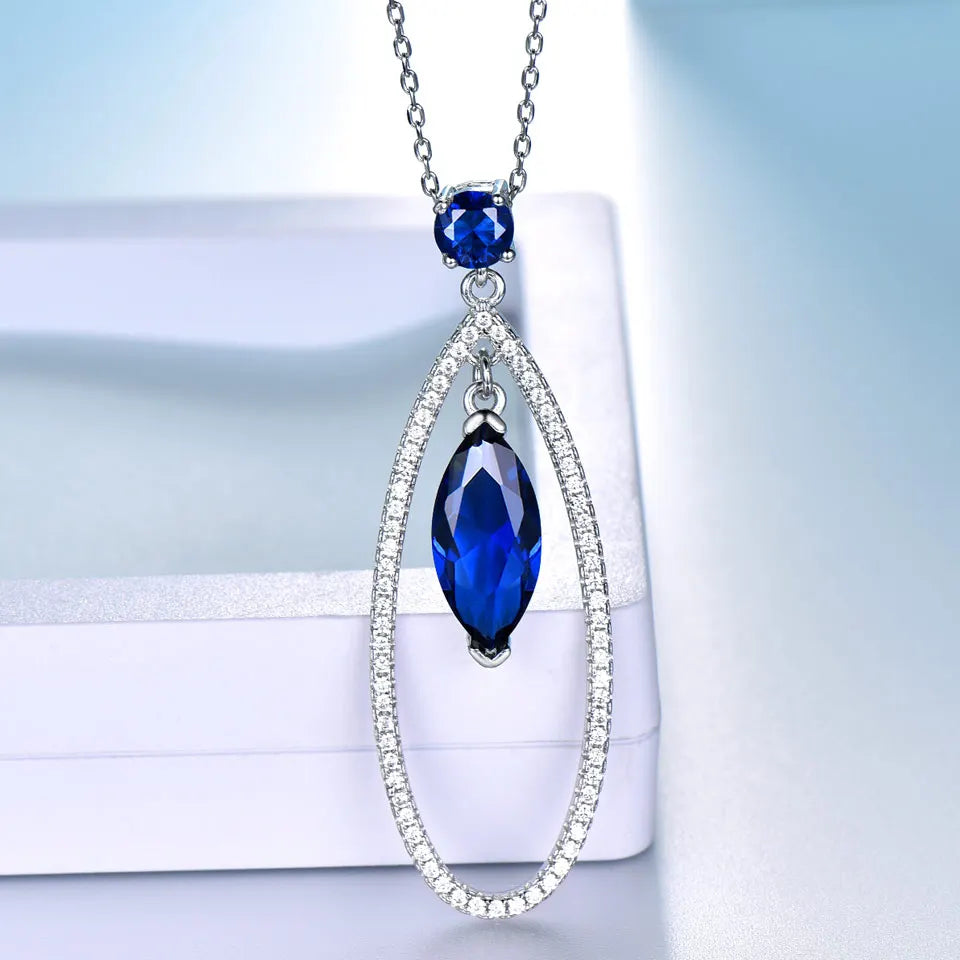 UMCHO 925 Sterling Silver Jewelry Sets Elegant Blue Sapphire Pendant Necklace Drop Earrings For Women Wedding Christmas Gift New