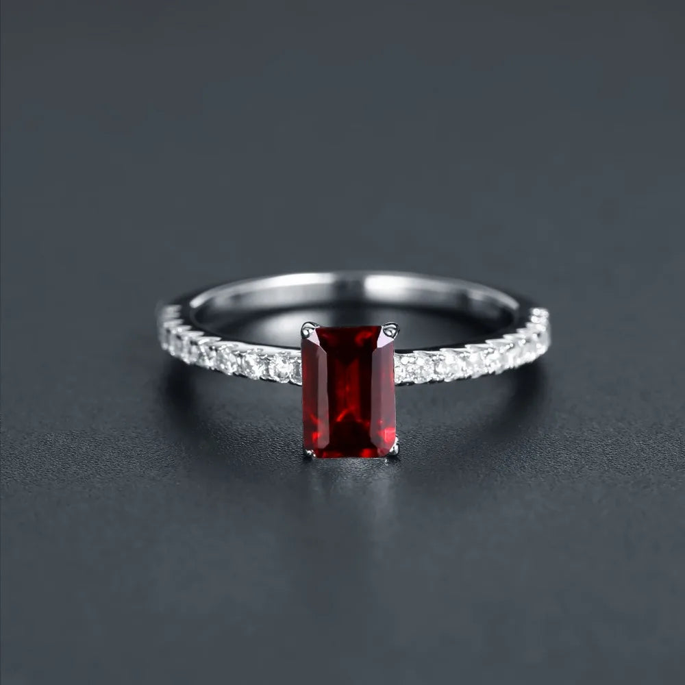 Gem's Ballet Fashion 1.31Ct Emerlad Cut Natural Red Garnet Women's Ring 925 Sterling Silver Gemstone Rings Fine Jewelry