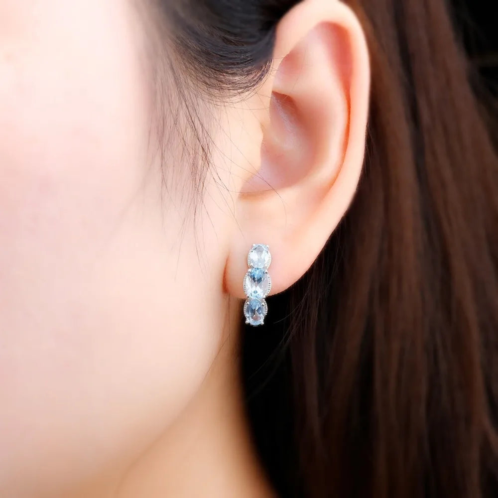 Hutang 925 Silver Hoop Earrings for Women, 1.48ct Blue Topaz Gemstone Earrings Classical Elegant Fine Sterling Silver Jewelry