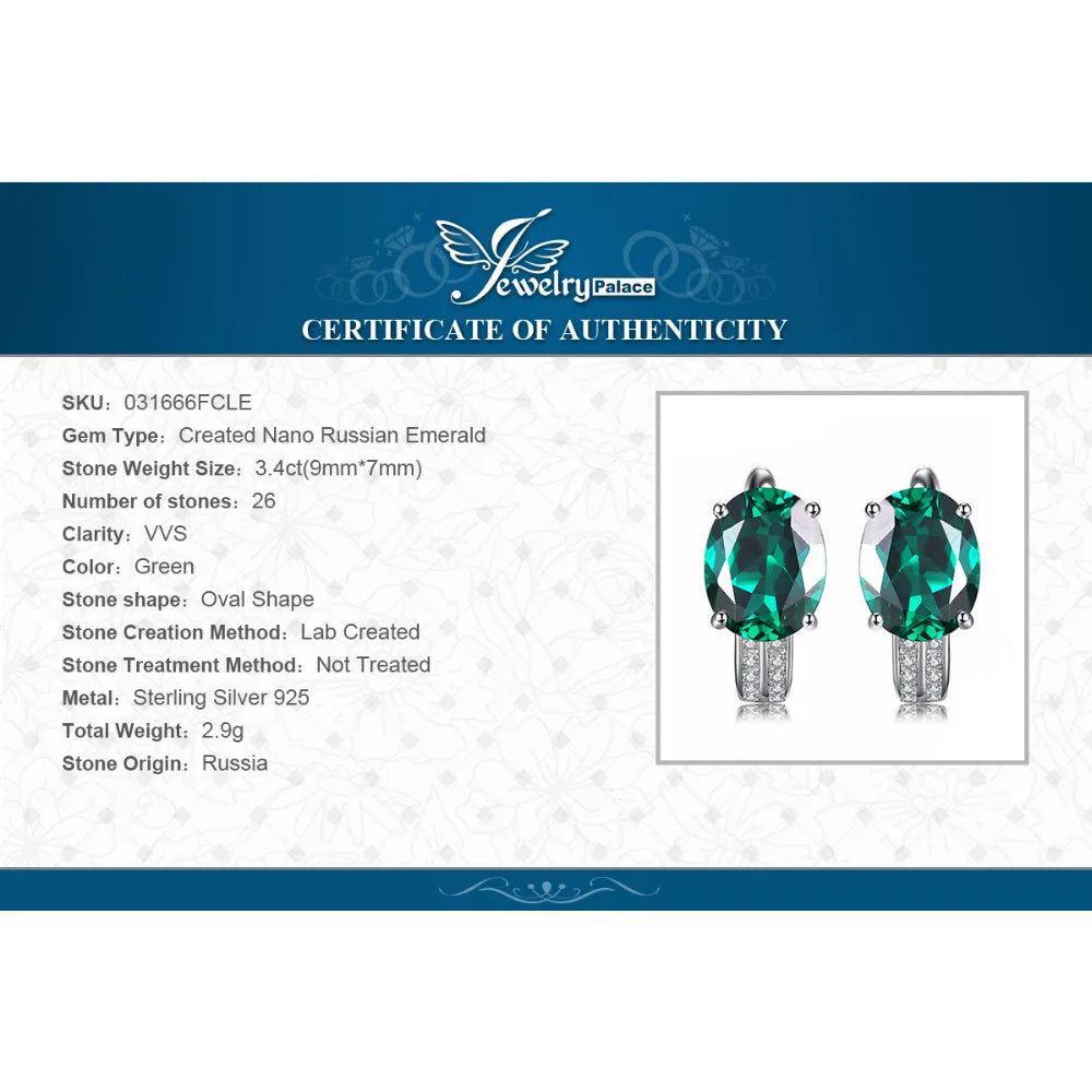 JewelryPalace 3.4ct Green Created Emerald 925 Sterling Silver Clip Hoop Earrings for Women Engagement Gift Fashion Fine Jewelry