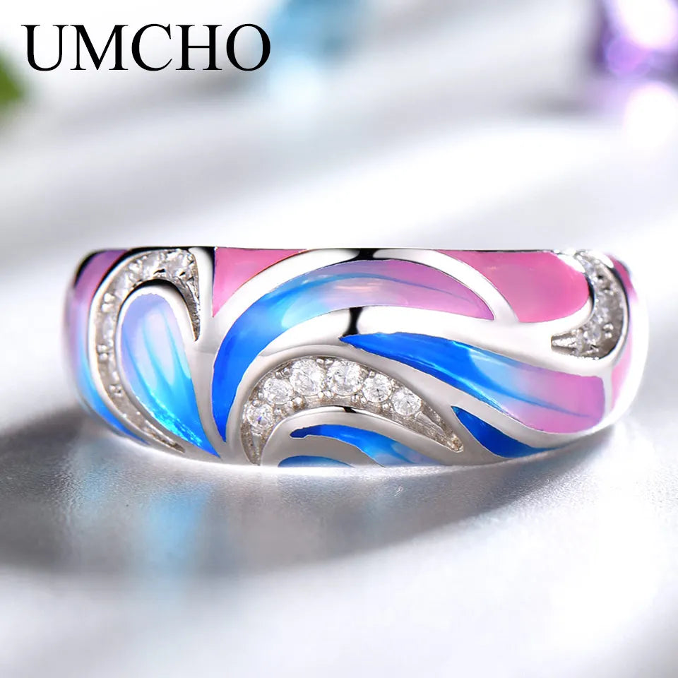 UMCHO 925 Sterling Silver Rings for Women Flower Party Fashion Jewelry Colorful Enamel Handmade Party Wedding Ring Fine Jewelry