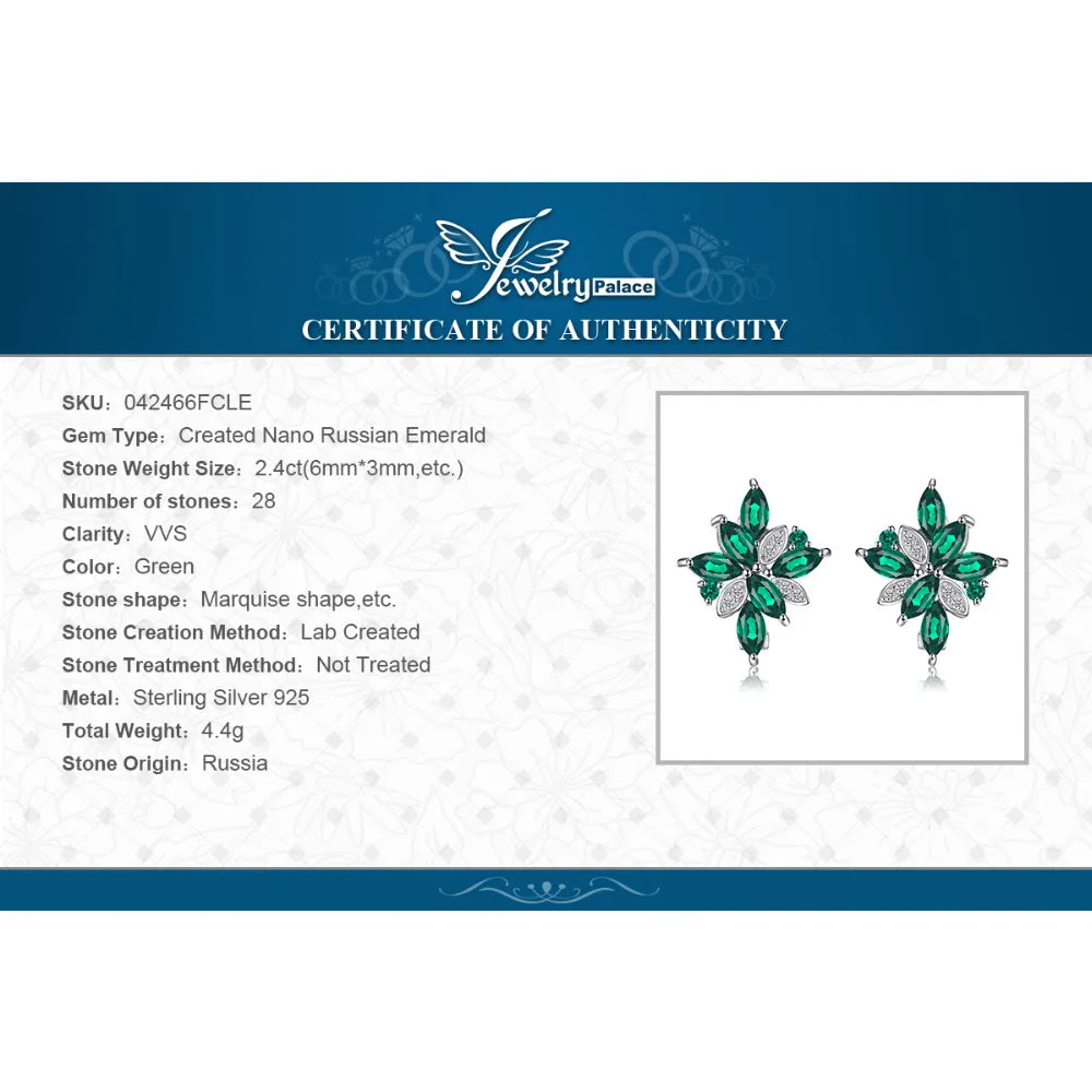 JewelryPalace Flower 2.4ct Green Simulated Nano Emerald 925 Sterling Silver Dangle Clip Earrings for Women Gemstone Jewelry