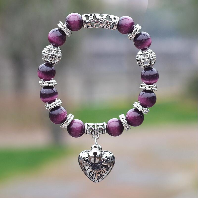 10mm Opal Obsidian Tiger Eye Natural Stone Bracelet with Heart Pendant Charms Strand Bracelet DIY Beaded Bracelet for Women Men dark purple