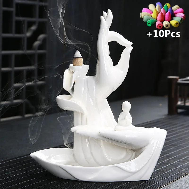 Gift 10Cones White Ceramic Incense Censer Buddha Hand Backflow Incense Burner Lotus Incense Stick Holder