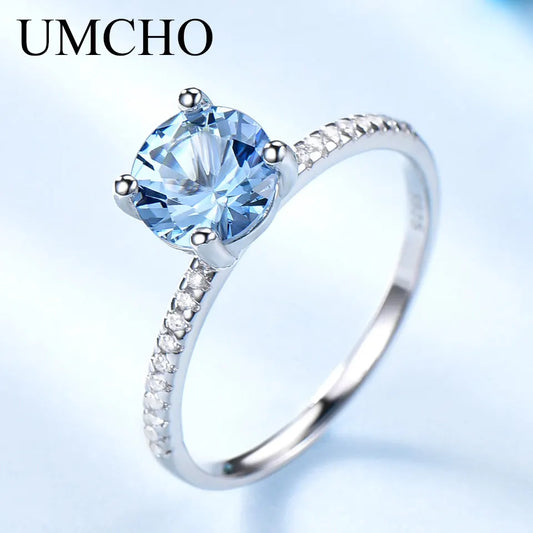 UMCHO Women's True 100% 925 Sterling Silver Ring Sky Blue Topaz Aqua Marine Jewelry Wedding Band Party Girl Fashion Jewelry