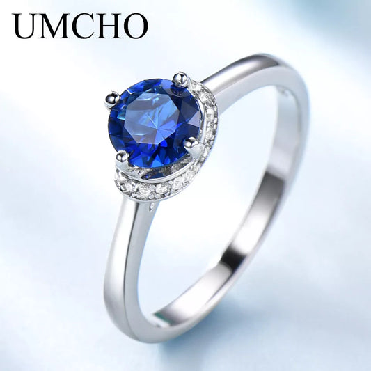 UMCHO Blue Sapphire Gemstone Rings for Women Genuine 925 Sterling Silver Halo Promise Ring Engagement Wedding Party Jewelry Gift