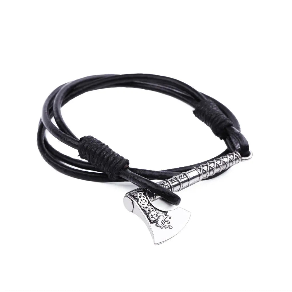 Teamer Mens Bracelet Axe Wrap Viking Bracelet for Men Leather Accessories Silver Color Hatchet Handmade Pirate Bracelet For Male 7