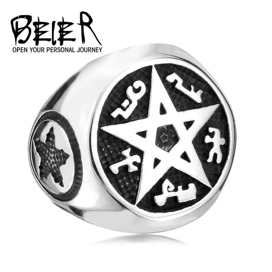 Beier new store 316L Stainless Steel ring top quality Cool Punk Pentacle Pentagram Ring For Man Fashion Party Jewelry LLBR8-165R