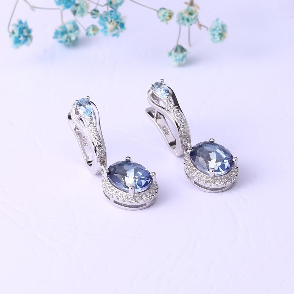 Gem&#39;s Ballet Fashion Natural Sky Blue Topaz Iolite Blue Mystic Quartz Drop Earrings 925 Sterling Silver Earrings For Women Fine