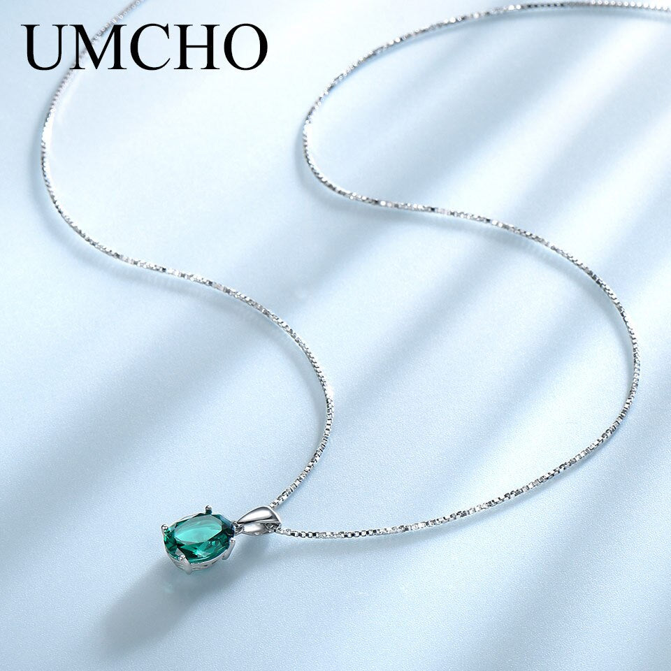 UMCHO Oval Cut Green Emerald Engagement Pendants Necklaces for Women Halo May Birthstone Jewelry Dainty Bridal Wedding Pendant