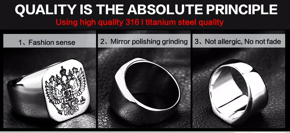 Beier Polished Stainless Steel ring Band Biker Men's ring a coat of arms of the Russian Signet Ring Fashion Jewelry