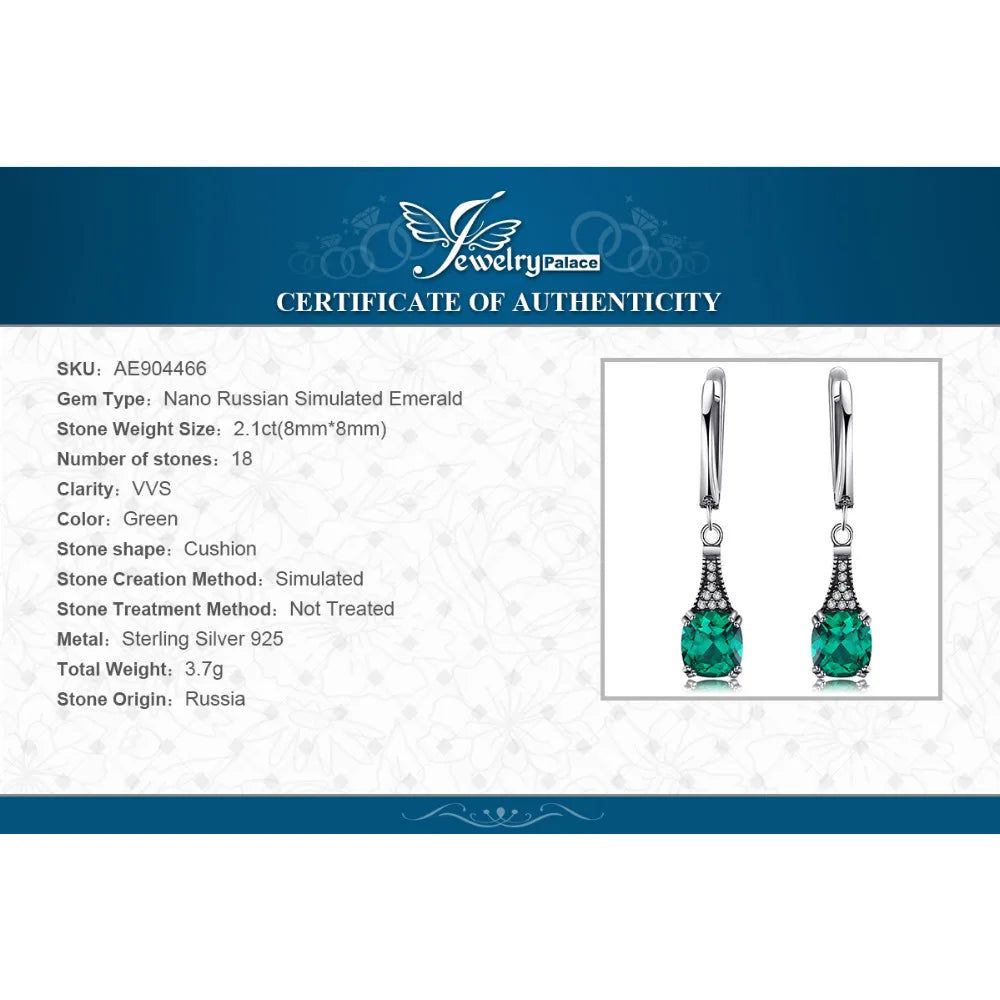 JewelryPalace Vintage 2.1ct Cushion Simulated Nano Emerald 925 Sterling Silver Hoop Earrings for Woman Gemstone Fashion Jewelry