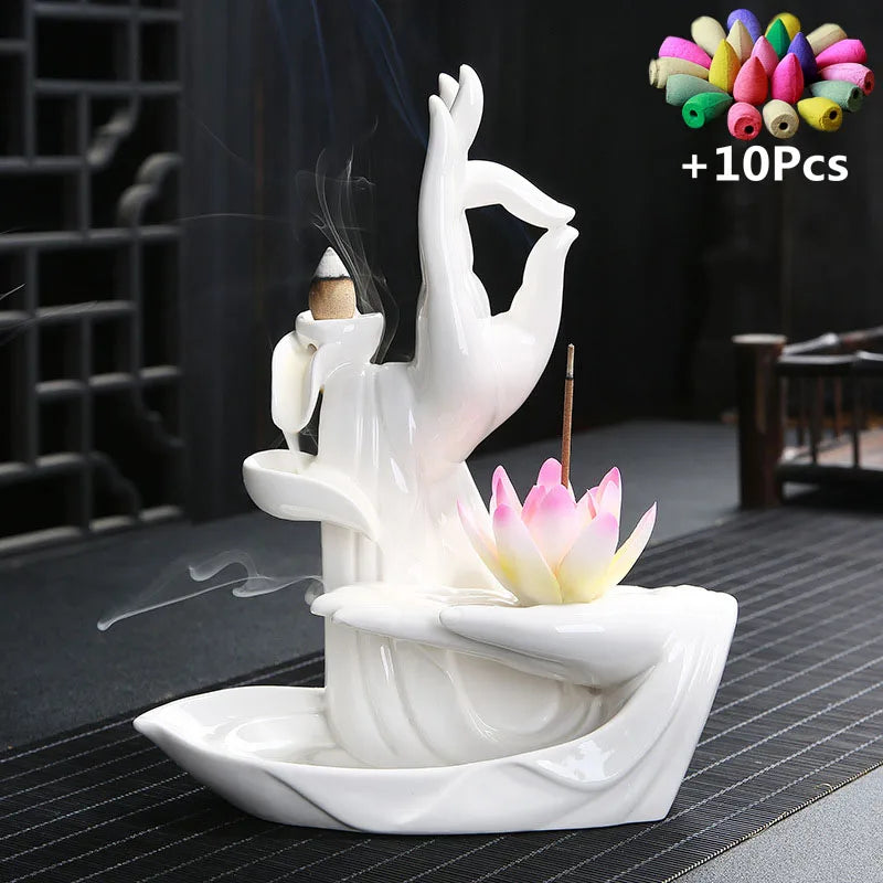 Gift 10Cones White Ceramic Incense Censer Buddha Hand Backflow Incense Burner Lotus Incense Stick Holder W-Pink with 10cones