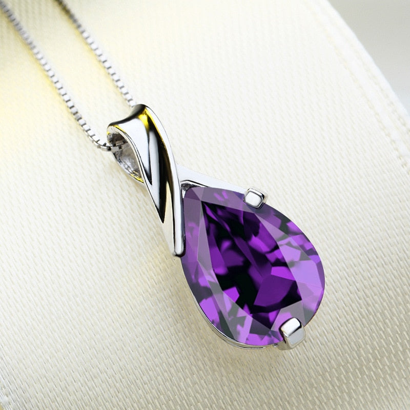 100%925 Sterling Silver Necklace Austria Amethyst Pendant Silver Chain For Women High Jewelry