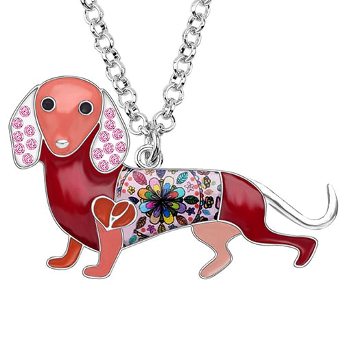 Bonsny Enamel Alloy Crystal Rhinestone Dachshund Dog Necklace Pendant Chain Choker Cartoon Animal Jewelry For Women Girls Gift Red China