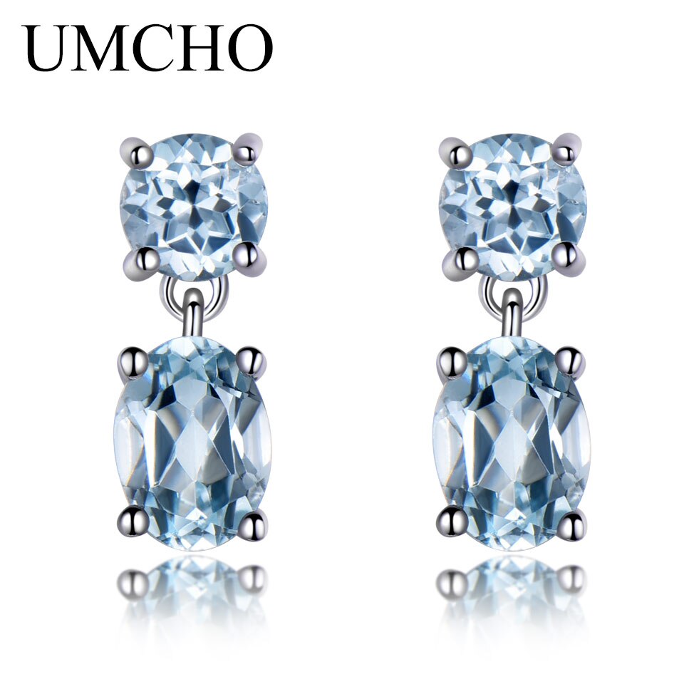 UMCHO 925 Sterling Silver Earrings Double Created Nano Sky Blue Topaz Gemstone Earrings Engagement Gift For Women Fine Jewelry Nano Sky Blue Topaz